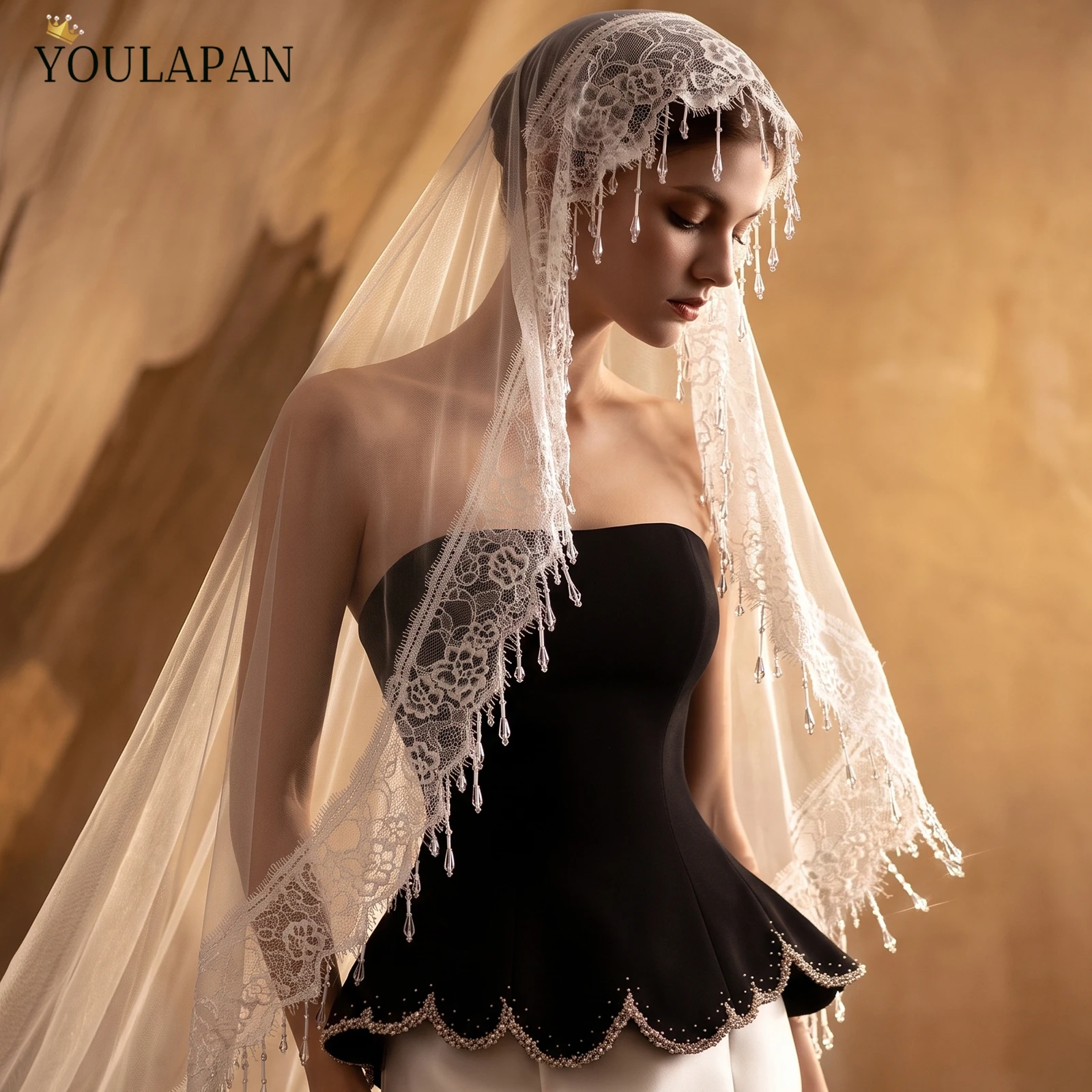 YouLaPan Mantillas EspañOla De Encaje Vintage Lace Edge Crystal Tassel Bridal Veil фата кружевная Accessoires Mariage Luxe V395