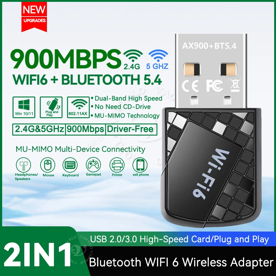 

USB WiFi 6 Bluetooth 5.4 Adapter 2in1 Dongle Dual Band (2.4G&5GHz) WiFi Network Wireless Wlan Receiver For Win 10/11 Driver Free
