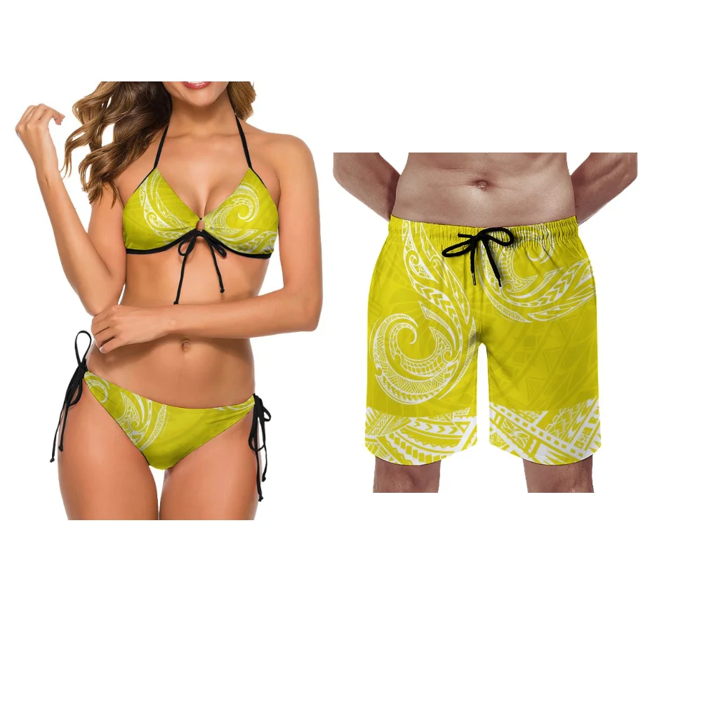 Conjunto de biquíni personalizado com alça de cintura baixa, tecido de alta qualidade, conjunto de casal, ilha samoa, maiô polinésio personalizado, calças de praia masculinas