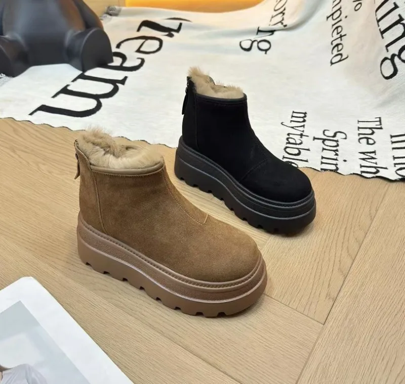 

Suede Leather Snow Shoes Ankle Booties Platform Winter Boots Women Comfortable Non Slip Chelsea Boots Chunky Heel Female New