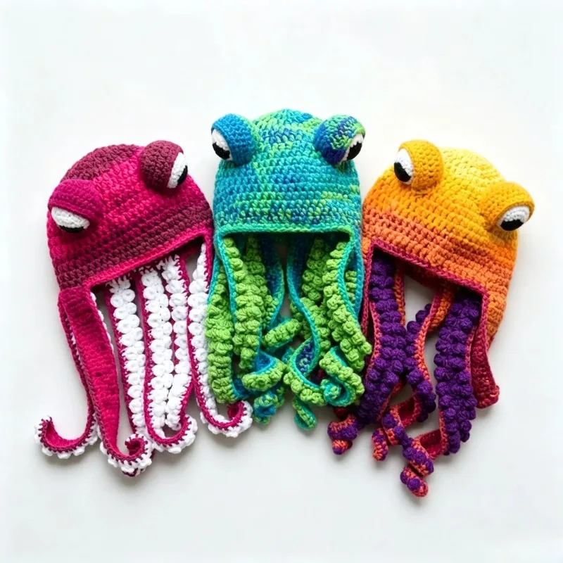 Handmade Colorful Octopus Beanie Women Custom Crochet Knitted Funny Tentacle Balaclava Hat Men Halloween Cosplay Winter Skullies