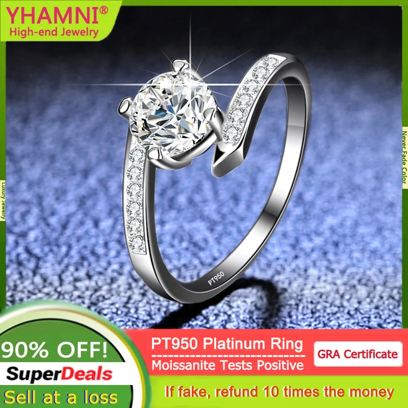 

YHAMNI 100% PT950 Platinum Ring 1 ct Round Cut Moissanite Decor Twist Ring Birthday Gift Anniversary Unique Gift Gift Box