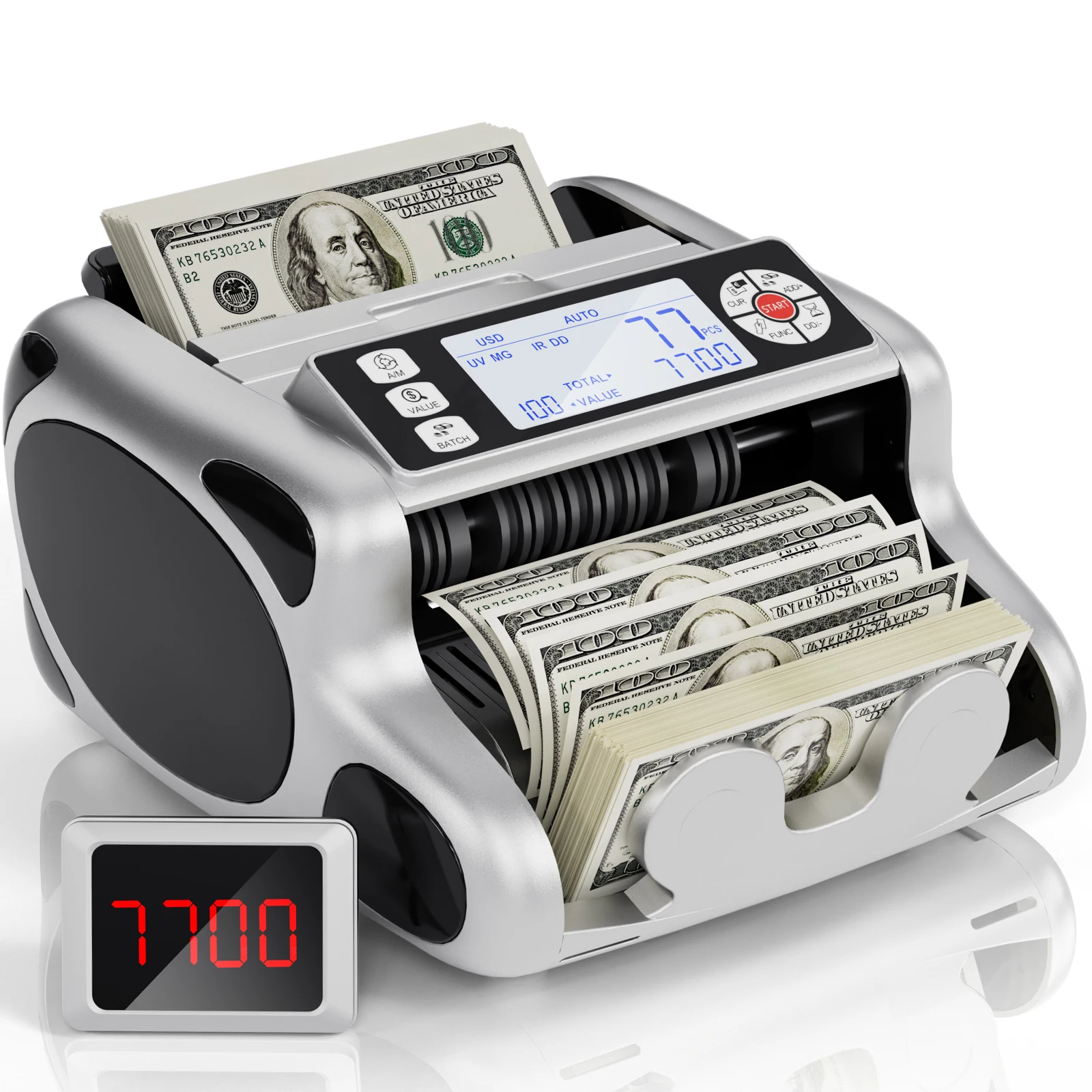 

US Plug 110V Money Counter Machine with UV MG IR DD Counterfeit Detection, 1000 Bills/Min Cash Counting Machine, Add Batch Auto