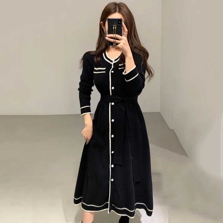 Temperament Contrasting Colors Vintage Maxi Dresses for Women Sweater Belt Waist Loose Autumn Vestidos De Mujer Lady Knitted