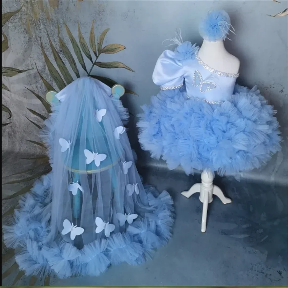 

Puffy Blue Flower Girl Dresses Tulle Ruffles Wedding Birthday Party Dress Butterfly Holy First Communion Prom Gowns