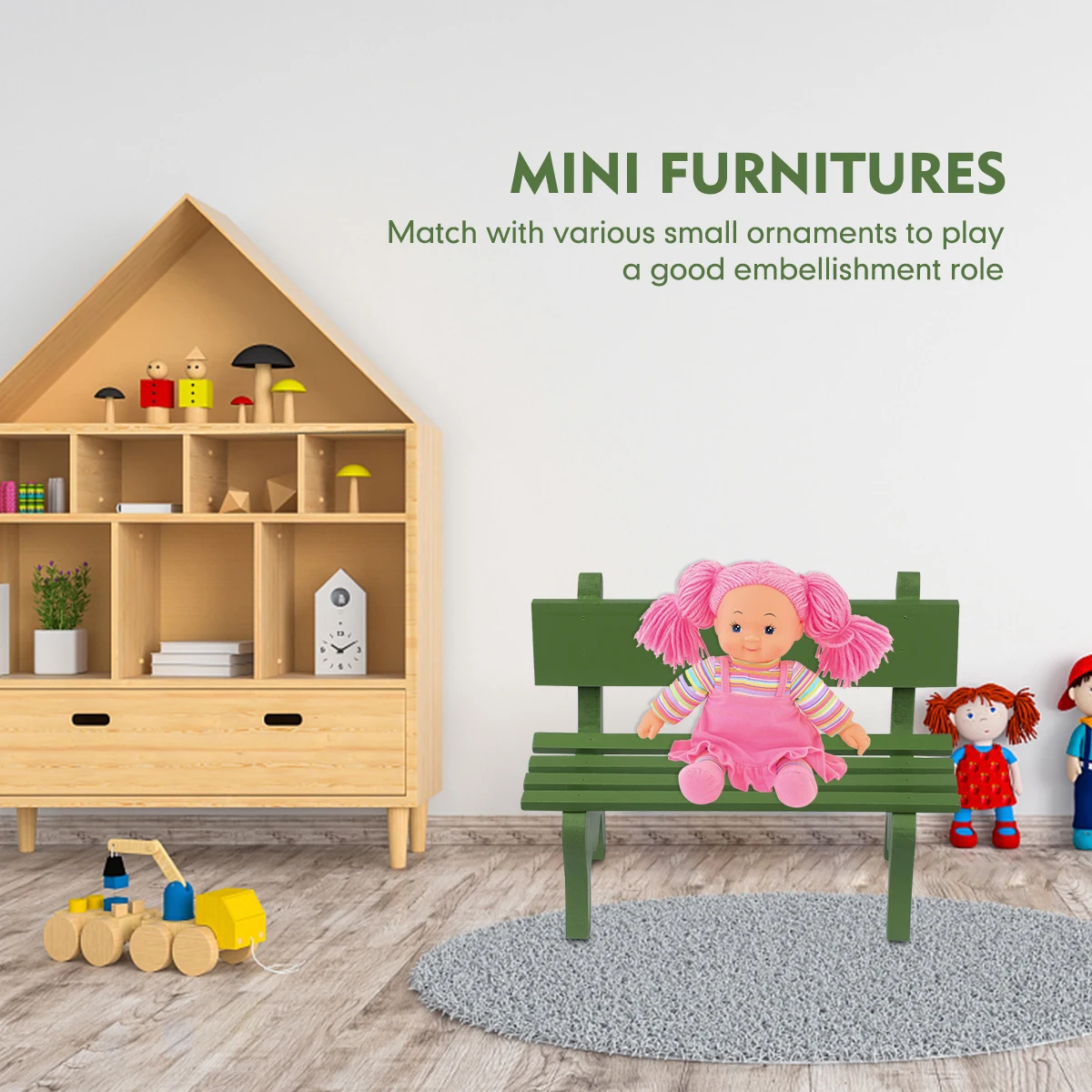 

Mini Wooden Bench Chair Ornaments Green Bamboo Decorations Dollhouse Garden Landscape Porch Miniature Craft Furniture Toy