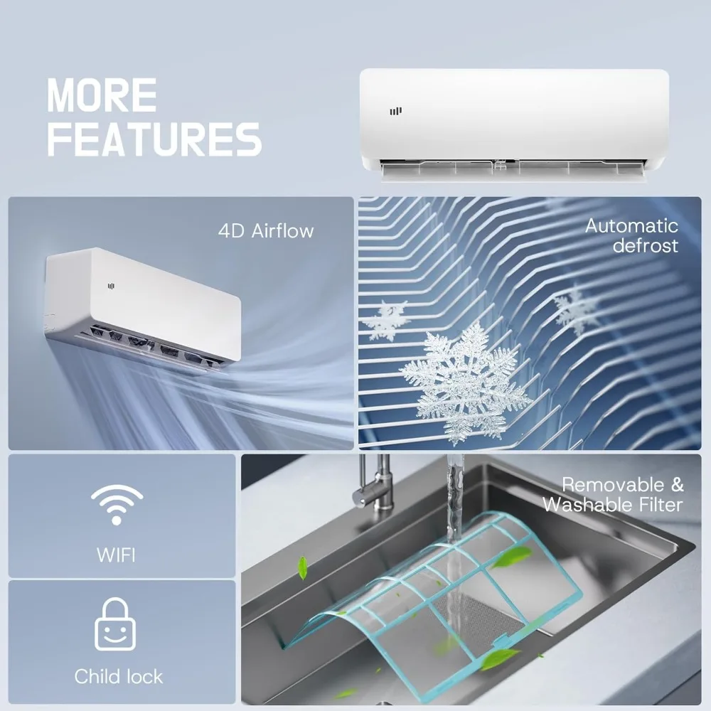 مكيف هواء سبليت صغير 12000 وحدة حرارية بريطانية، وحدة تيار متردد سبليت 115/230 فولت، عاكس موفر للطاقة تيار متردد، 20 SEER2 نظام مضخة حرارية موفرة للطاقة