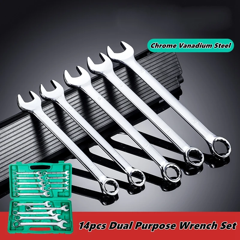 14PCS Combination Chrome Vanadium Steel Wrench Set Dual-Purpose Offset Spanner & Opening Wrench Set , Compact Storage Box