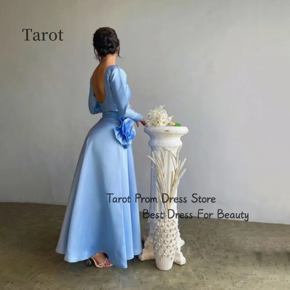 Tarot Simple A Line Prom Dresses Satin Handmade Flower Elegant Full Sleeves Birthday Wedding Dress Ankle Length فساتين سهرات