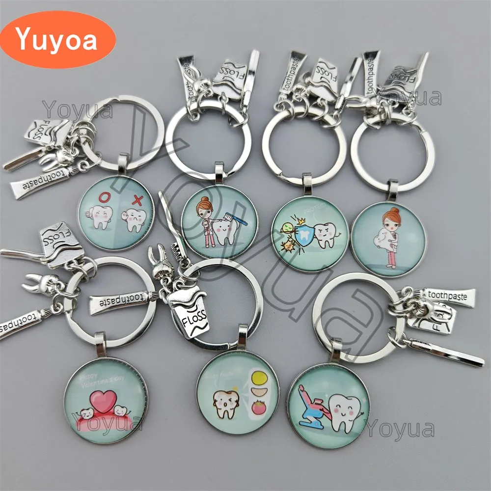 

30pcs Tooth Floss Toothpaste Toothbrush Metal Pendant Keychain Glass Cabochon Dentist Dental Assistant Gift Dental Key Rings