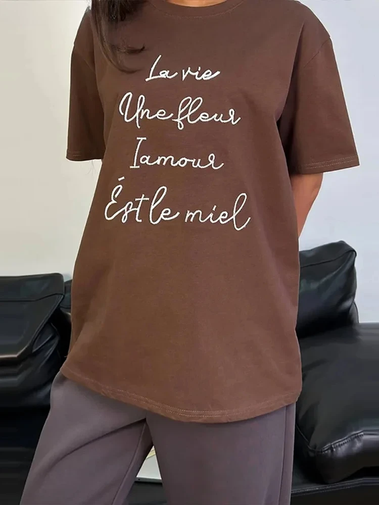 Women Letter Print Cotton T-shirts Loose Short Sleeve O Neck T-shirt Spring Summer New Lady All-match Basic Top Streetwear 2025