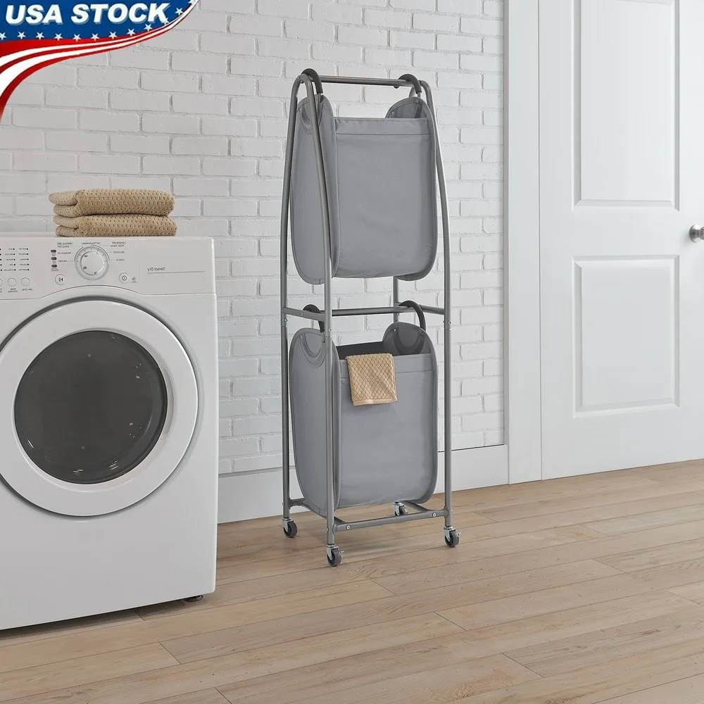 

2-Tier Rolling Vertical Laundry Sorter with Sturdy Metal Frame and Easy-Collapsible Hampers Compact Spaces and Effortless