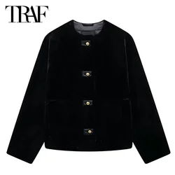 TRAF Black Faux Fur Coat Women 2024 Women's Jacket Outerwears Autumn Winter Coats Crop Long Sleeve Fluffy Coat Outdoor Jackets