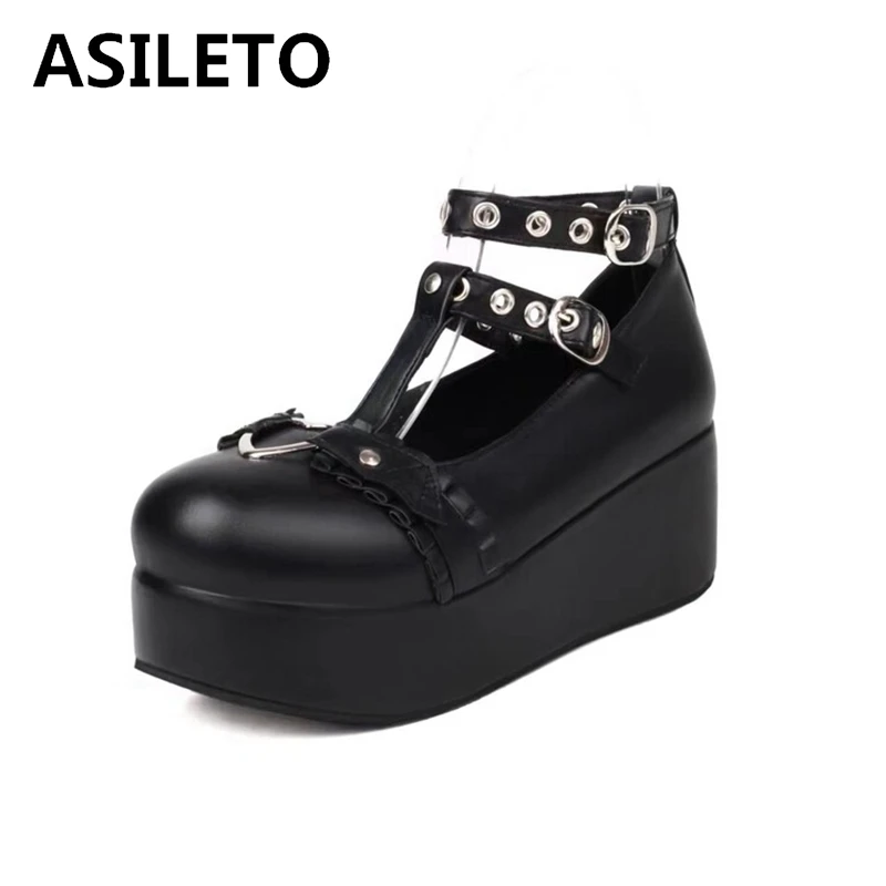 ASILETO 2024 New Lolita Rivets Women Pumps Shoes Wedges High Platform Strap Buckles Big Size 41 43 48 50 White Black