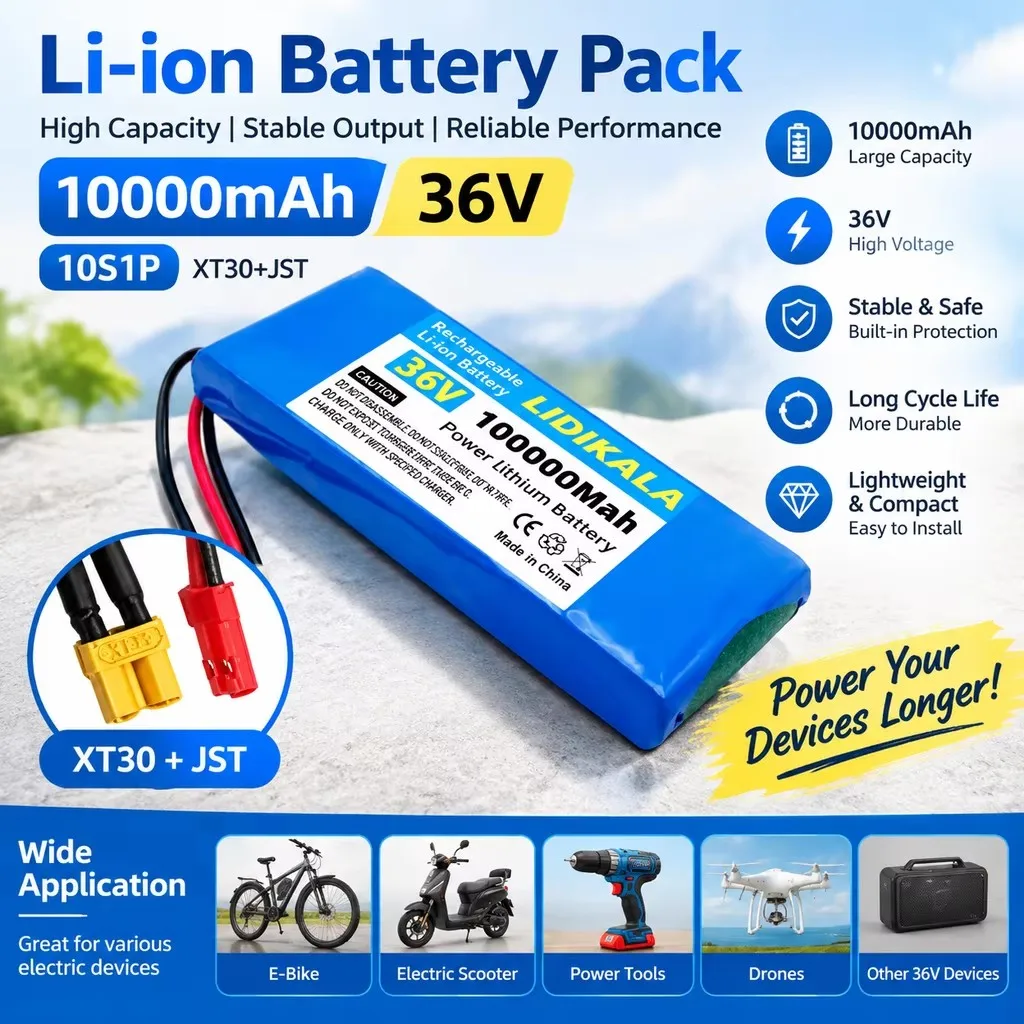 Pacco batteria ricaricabile agli ioni di litio da 36 V e 100 Ah, configurazione 10S1P, con sistema di gestione della batteria (BMS) e motore da 750 W, ideale per la sostituzione della batteria di