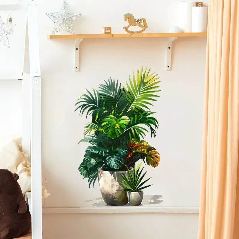 Natural Fresh Green Plant Wall Sticker PVC Potted Plant Decal Posters for Bedroom Office Relieve Visual Fatigue Home Decoration