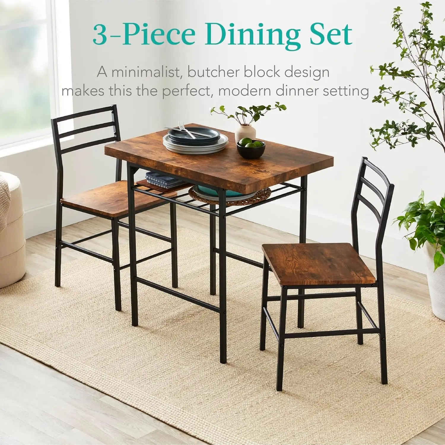 3-Piece Modern Dining Set, Space Saving Dinette for Kitchen, Dining Room,Small Space w/Steel Frame, Built-in Storage Rack Brown