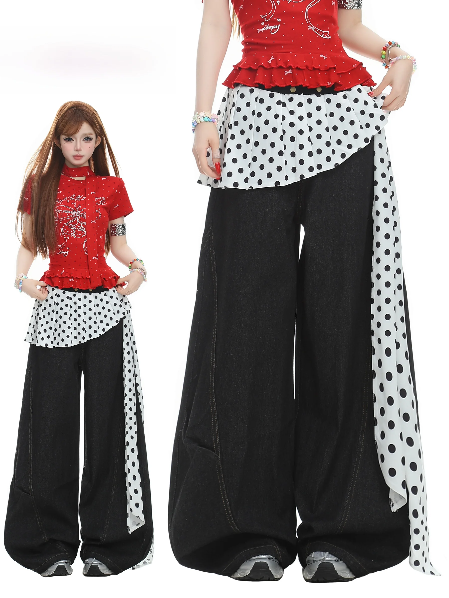 

Basterds American Polka Dot Wide Leg Jeans Women Loose Slimming Spring Curved Knife Splicing Denim Pants Casual Comfortable