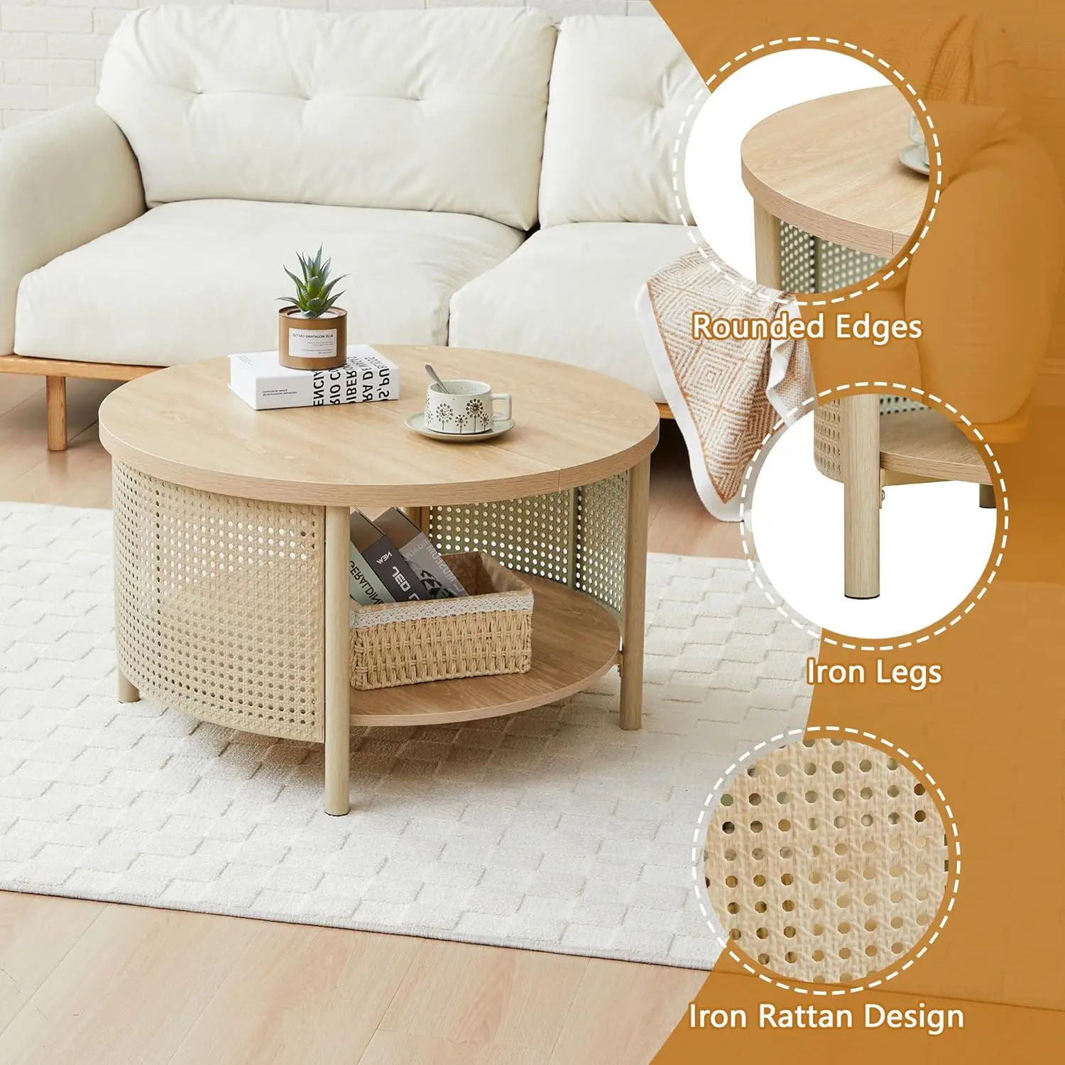 طاولة قهوة مقاس 31.5 بوصة مع ديكور من الروطان المعدني، طاولة قهوة مستديرة مع رف تخزين لغرفة المعيشة، منزل بوهيمي للمزرعة #5