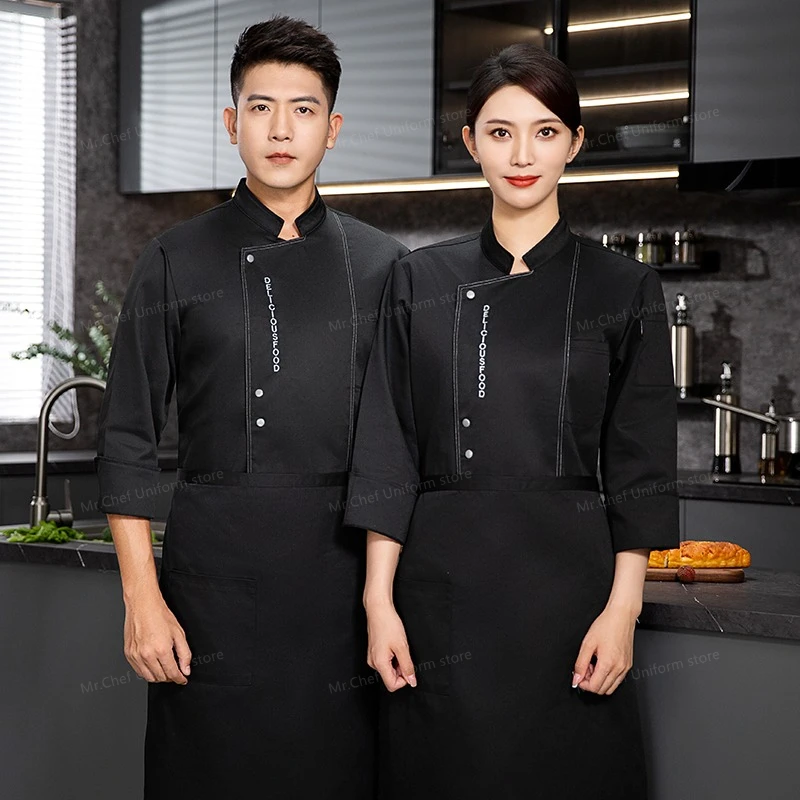 grijs chef-kok uniform lange mouw chef-kok jas chef-kok T-shirt bakker werkuniform ober restaurant hotel kok jas kleding vrouwen logo