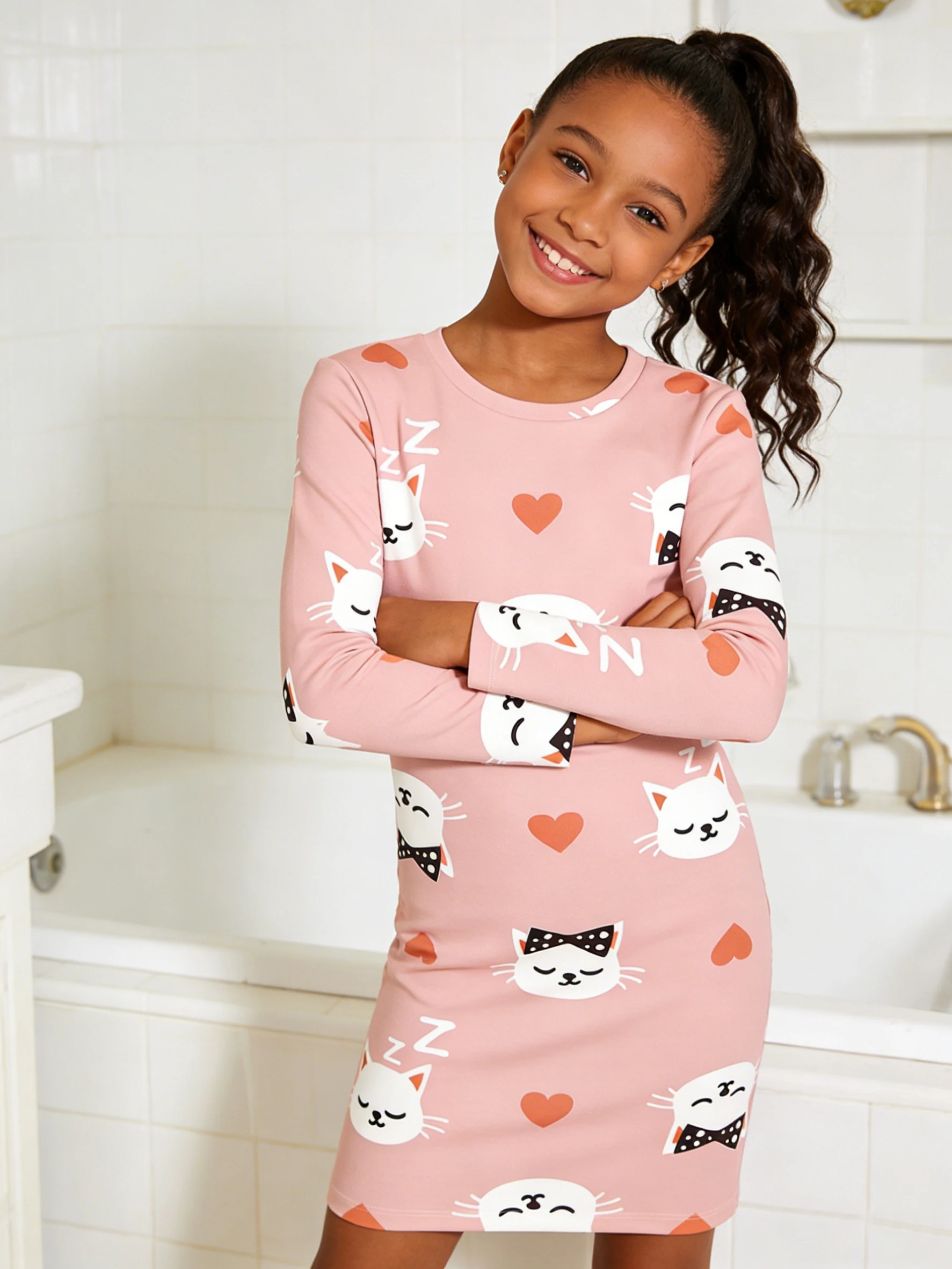 

2026 girls light pink bottom cartoon cat love polka dot print long-sleeved slim-fit dress