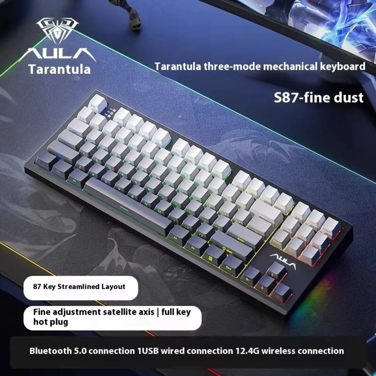 

Wireless Mechanical Keyboard AULA S87 Three-modesFull Key Non Impact Hot Swappable RGB Backlight Esports Gaming Keyboard