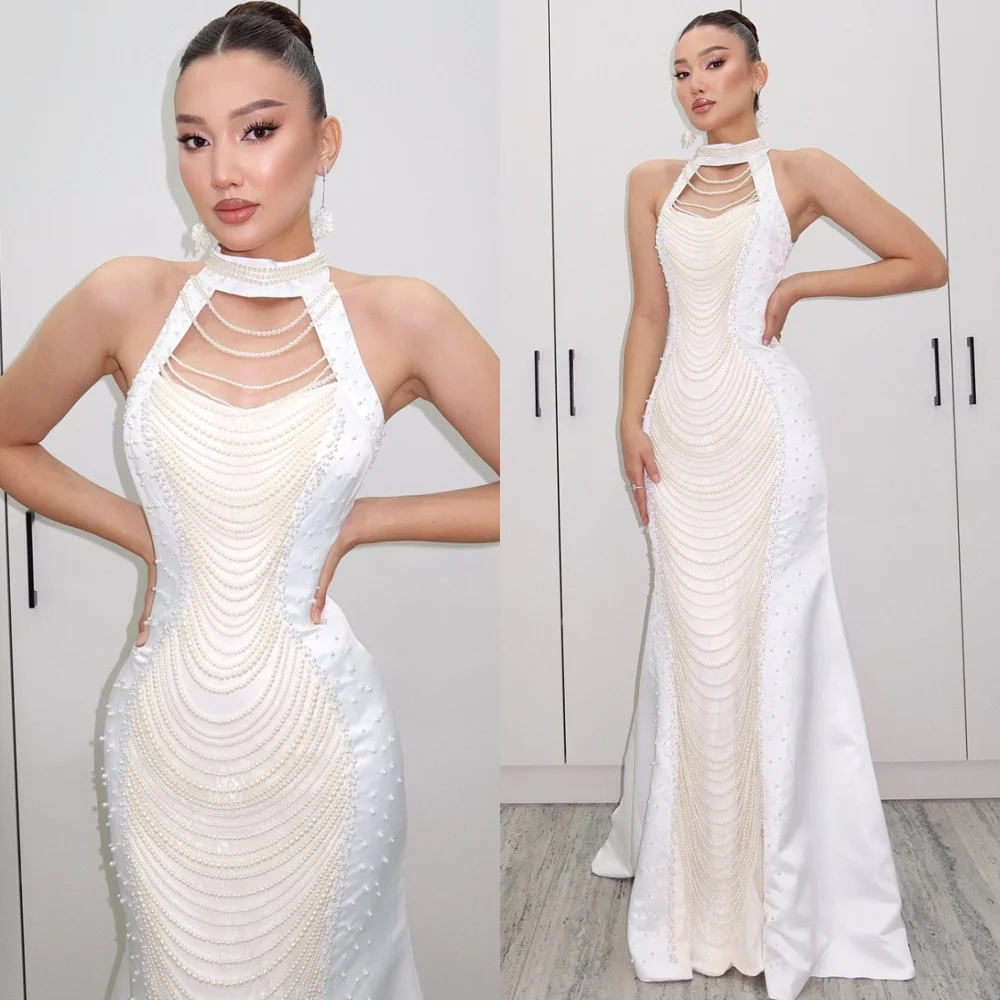 

Customized Mermaid White Satin Evening Dress Exquisite Halter Sleeveless Homecoming Dresses Temperament Special Occasion Gowns