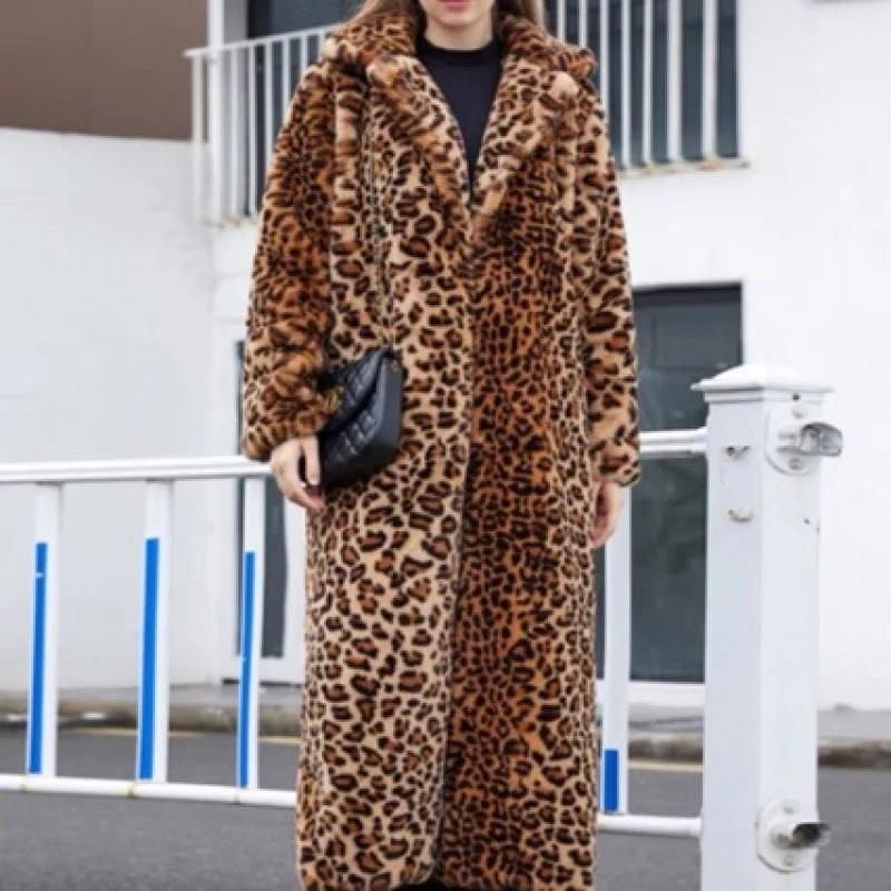 2024 Fashion Fashion Fashion Imitation Fur leopard Print Rabbit Fur ultra Long suit Necklace Fur Coat