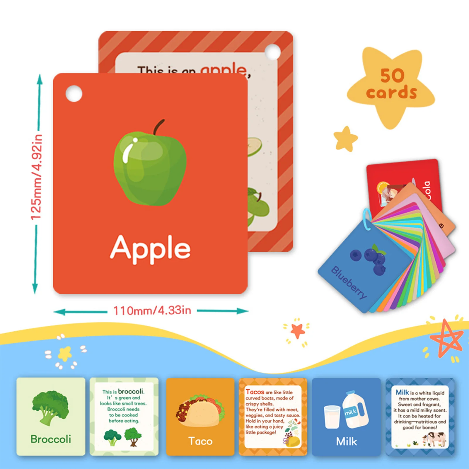 50pcs Fruits and Vegetables Flashcards Tear-Resistant Preschool Learning Flashcards for Toddler Learning and Development