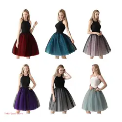 Women Mesh Tulle Skirt 7 Layer Contrast Color Tutus Pleated A Line Petticoat