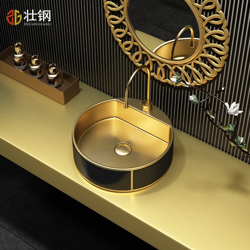 Luxury Modern Bathroom sink Round Gold Black Hand Basin SUS304 Stainless steel lavabo 400*400*130mm washbowl +Top Quality faucet