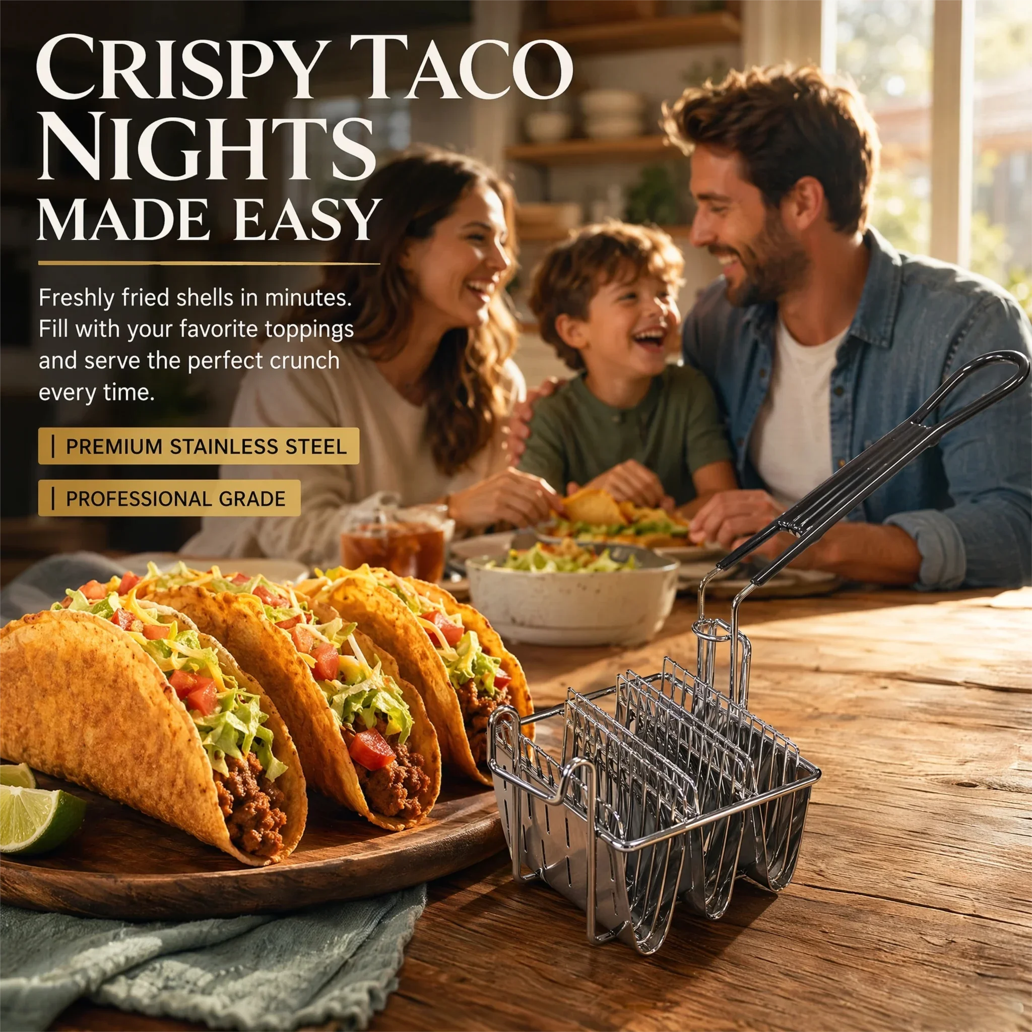 Stainless Steel Taco Fry Basket with Detachable Handle - Mexican Taco Deep Fryer Basket for Home Kitchen Restaurant