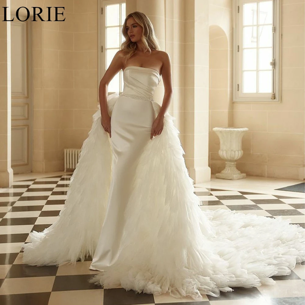 

LORIE Elegant Satin Wedding Dresses Strapless Mermaid Tulle Detachable Train Tiered Bride Prom Gown 2024 Graceful Bridal Gowns