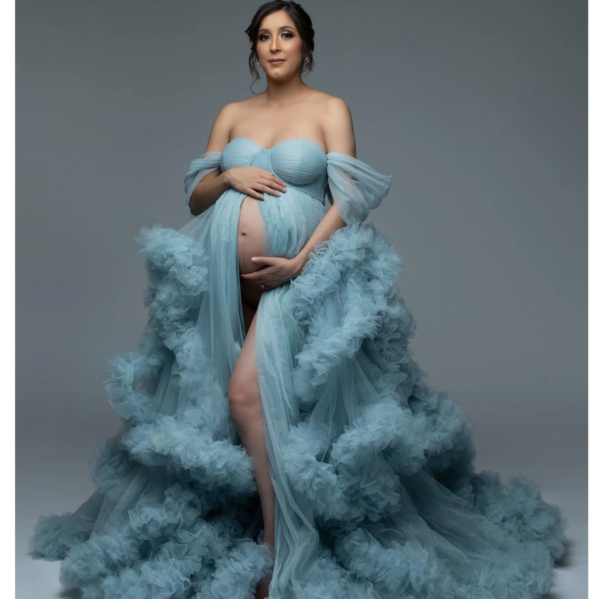 

Illusion Blue Maternity Dresses Sweetheart Off The Shoulder Sleeveless Gowns for Pregnant Woman Front Slit Ruffles Vestidos