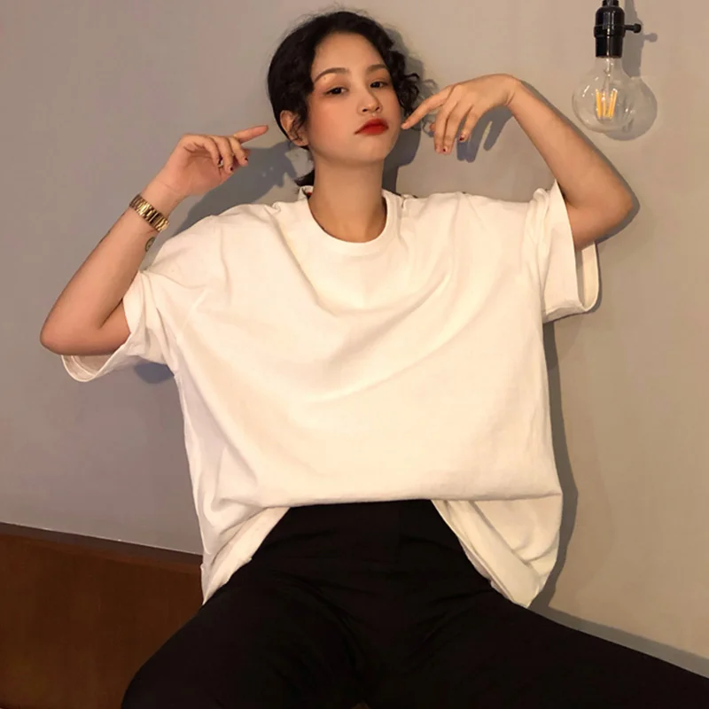 

Korean Fashion Oversize Tee Shirts Casual Candy Solid Color Basic Loose T-shirts New Harajuku Summer New Short Sleeve Long Tops