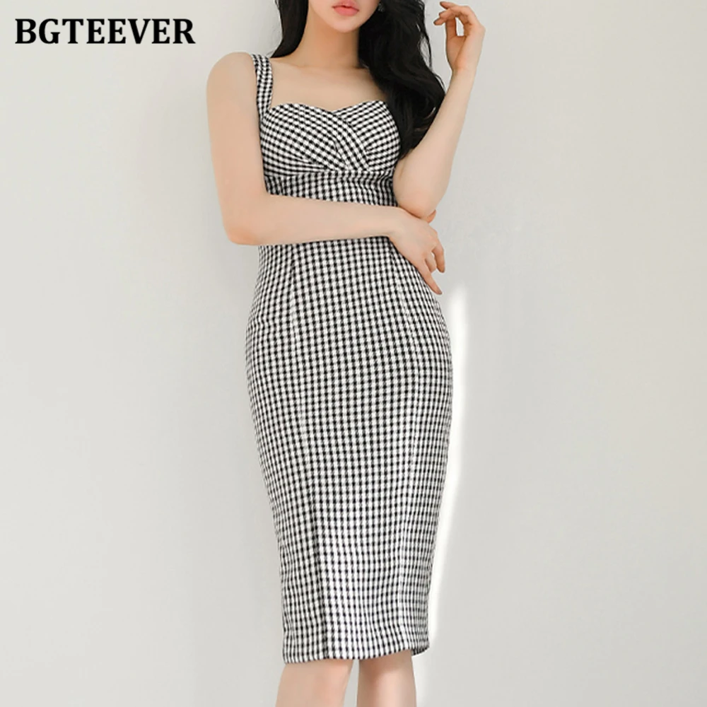 

BGTEEVER Casual Sleeveless Female Package Hip Houndstooth Dress Summer Fashion Slim Waist Women Zippers Bodycon Midi Dress