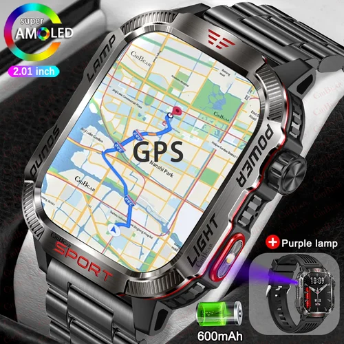 Reloj inteligente para deportes al aire libre para hombre, rastreador GPS de 2,01 "", brújula, linterna LED, batería de 600mAh, resistente al agua, llamada Bluetooth, reloj inteligente para hombre