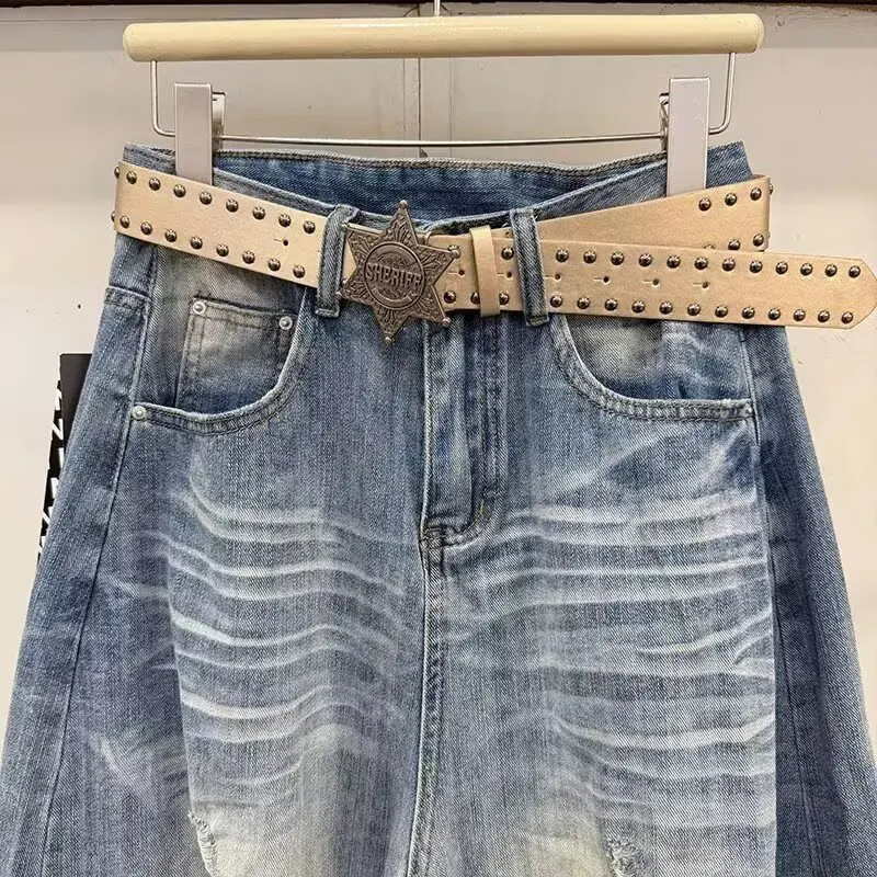 ANJY Spring Autumn New Women American Style Retro Ins Distressed Ripped Jeans High Street Loose Hole Wide Leg Denim Pants A26424