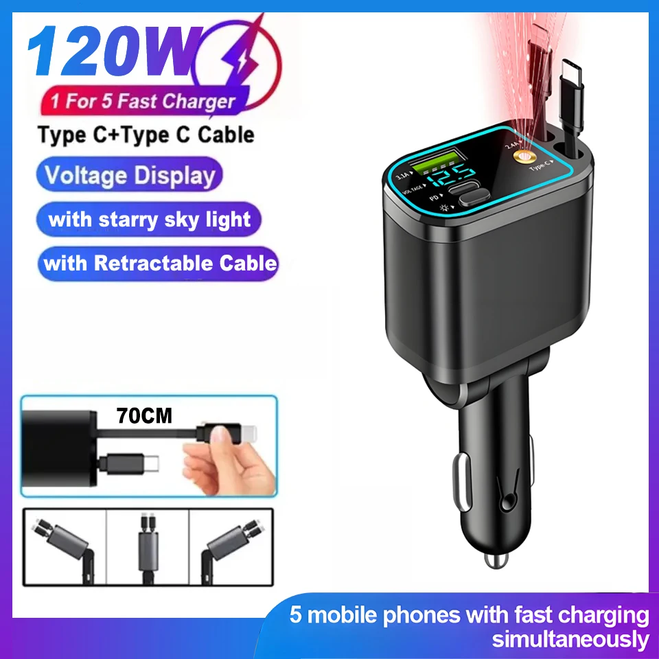 Chargeur de téléphone de voiture 120W 5 en 1, charge Super rapide avec câble rétractable et lumière ambiante, lumière ciel étoilé pour iPhone Pro Max