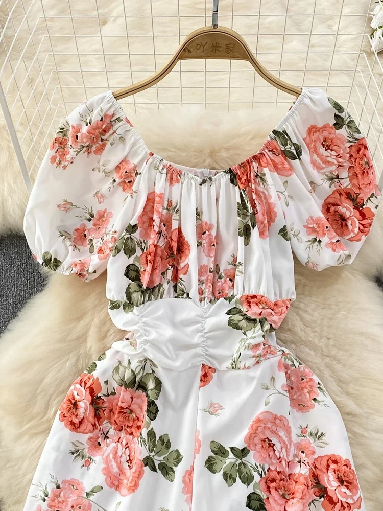 Summer Bohemian Women Square Collar Floral Printed High Waist Jumpsuit Beach Vacation Elegant Short Puff Sleeve Ruffle Romper