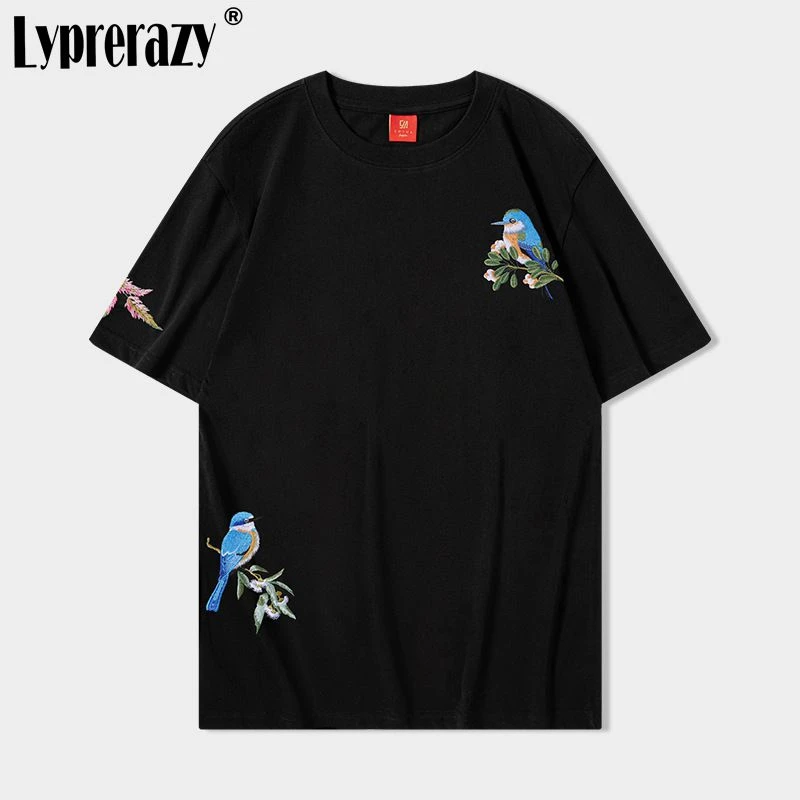 

Lyprerazy National Tide Flowers Bird Embroidery Short Sleeve Men's T-shirt Summer Loose Casual Cotton Tees Tops