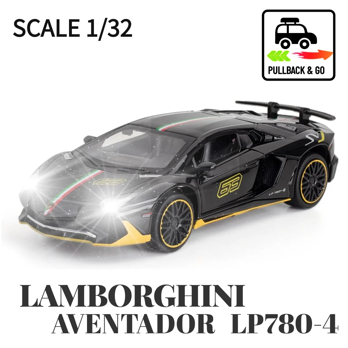 

1:32 Lamborghini Aventador Pullback Car Toy with Lights Engine Sound, Nissan Scale Diecast Car Model Replica Kid Boy Play Gift