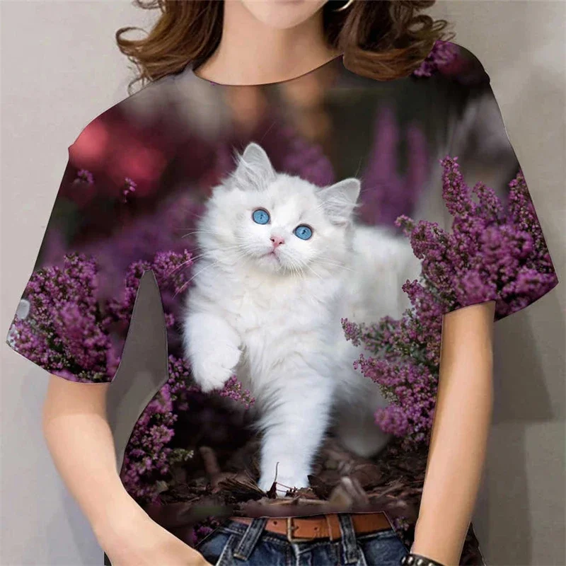 Women's Casual Fashion Y2k Tops Summer 3D Cute Animal Cat Print Short Sleeve Tees O-neck Funny Tops Female Tshirt Kawaii Clothes