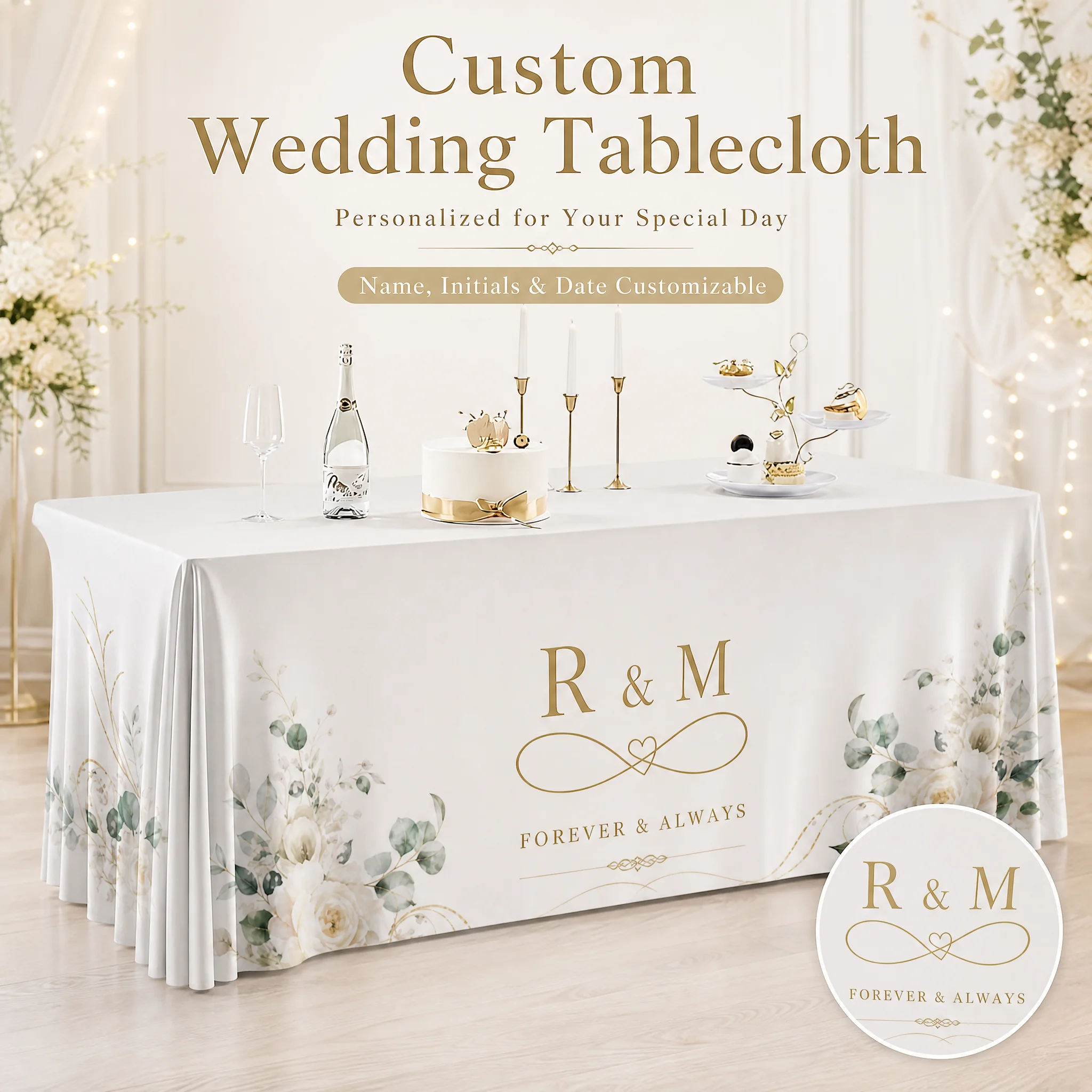 Custom Wedding Tablecloth Personalized Name Floral Table Cover Elegant Wedding Reception Decor Party Banquet Decoration