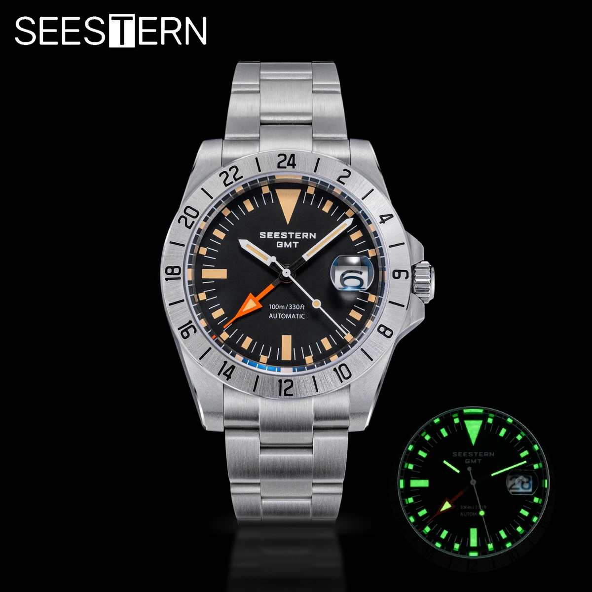 SEESTERN GMT Retro Watch for Men SL3032 Automatic Movement Mechanical Wristwatches Sapphire Crystal Fine-tuning Pull Button S436