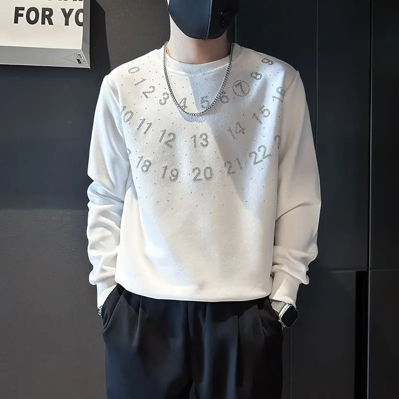 

Fashion O-Neck Casual Digital Diamonds T-Shirts Men's Clothing Spring New Loose Long Sleeve All-match Tops Korean Tee Shirt