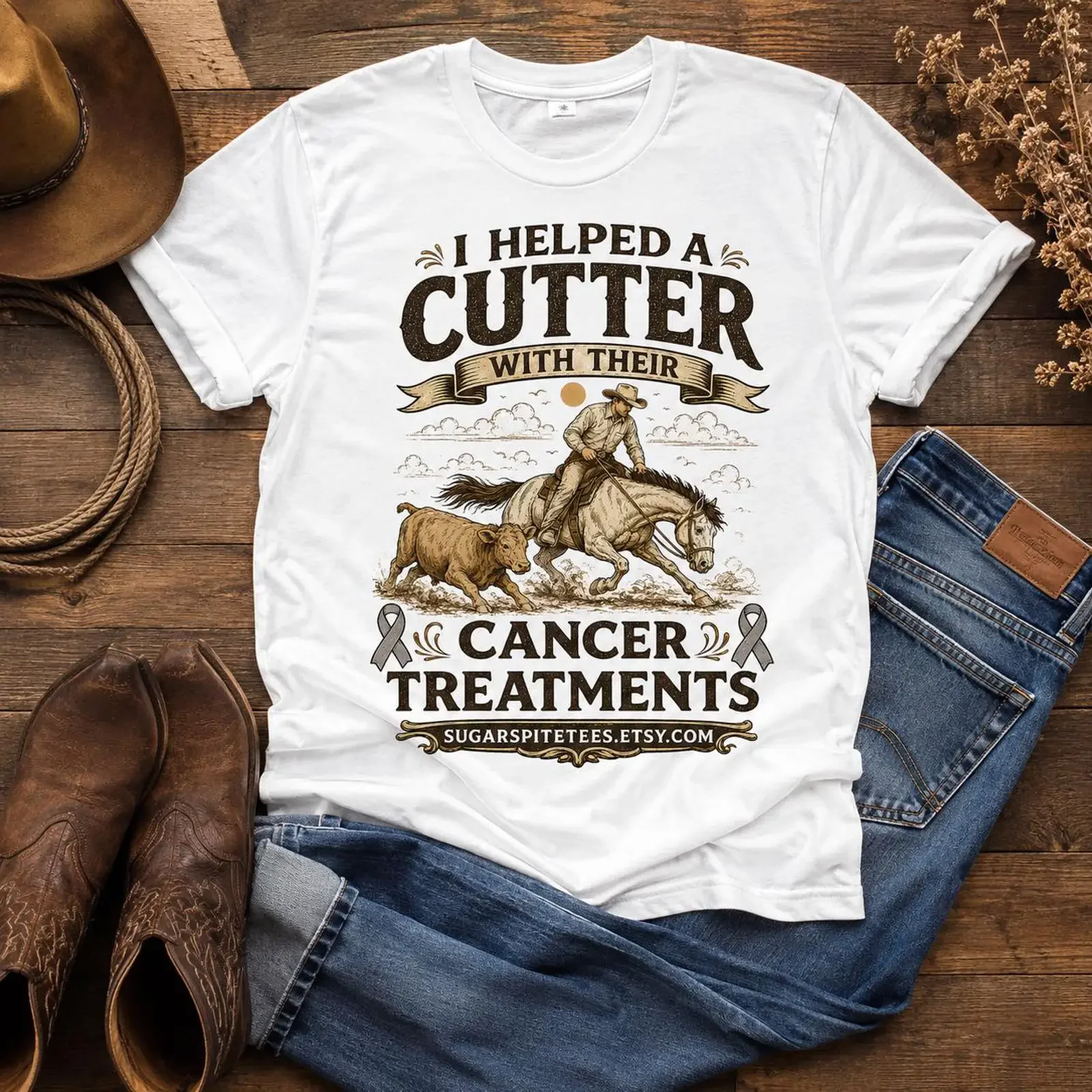 I Helped A Cutter With Their Cancer Treatments T Shirt Western Rodeo Cowboy Support Ranch Life GifT vintage Washed