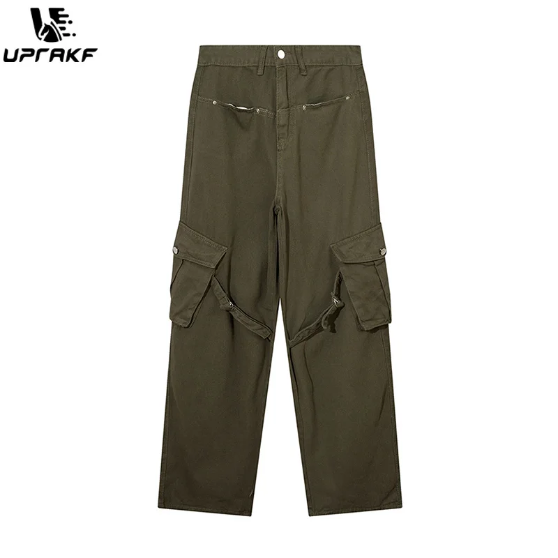 

UPRAKF Basic Flared Army Green Jeans Multi Pocket Trousers Casual Fashion High Street Pantalones Summer Streetwear Denim