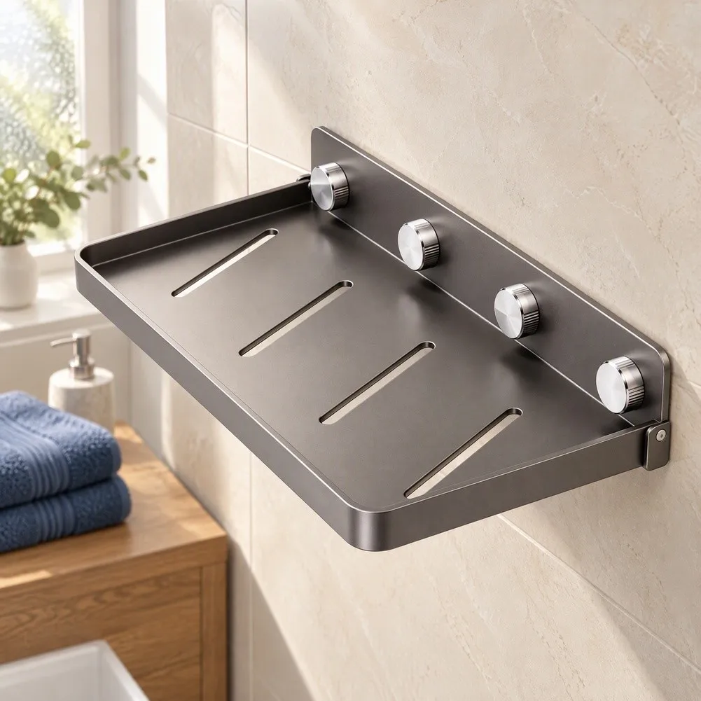 Dark Gray Foldable Wall Mounted Shelf with Suction Cups for Bathroom For Towels Clothes 40 cm Wide 20.4 cm Depth