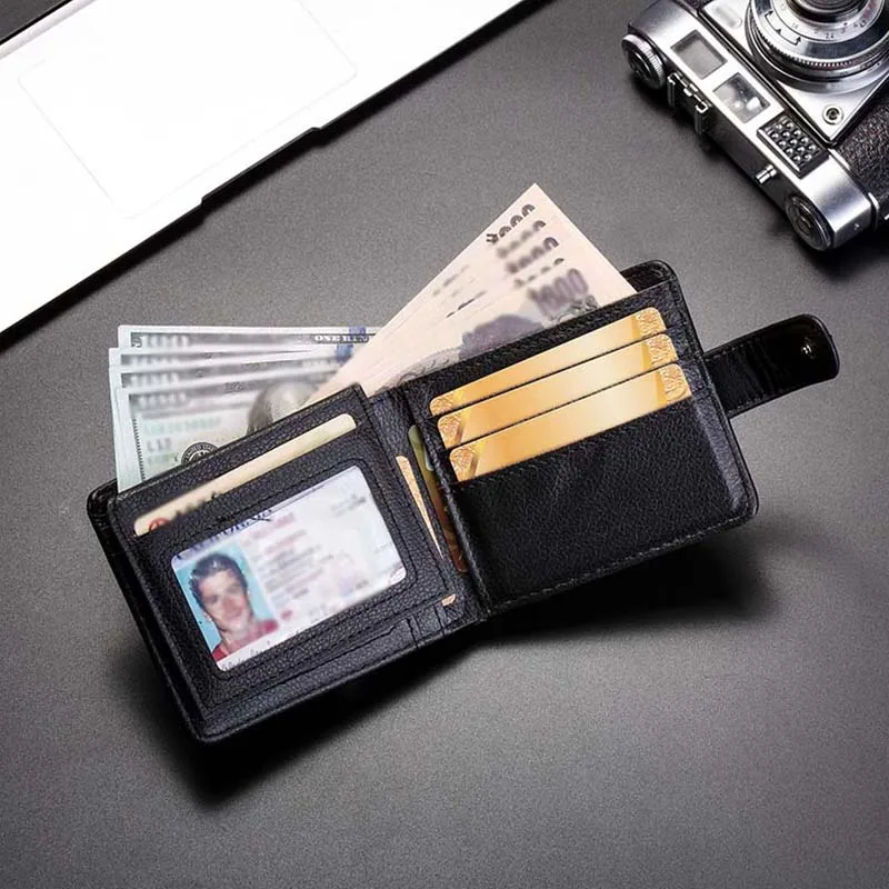 Portafoglio orizzontale da uomo in PU Posizione multipla per carte Portamonete leggero Porta biglietti da visita con bottone a pressione con stampa di moda
